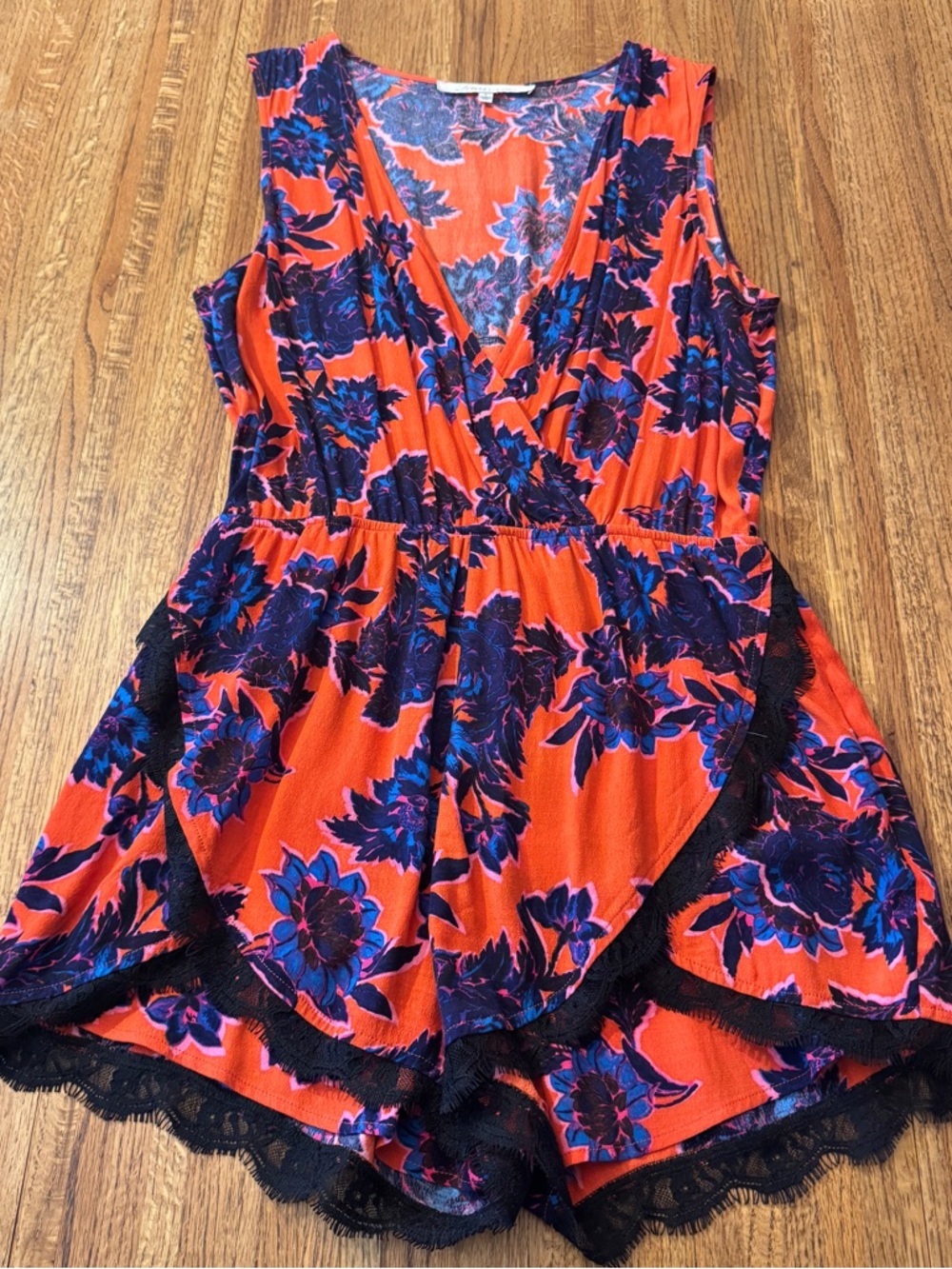 Lovers + Friends Floral Lace Trim Romper in Orange/Blue - Size L